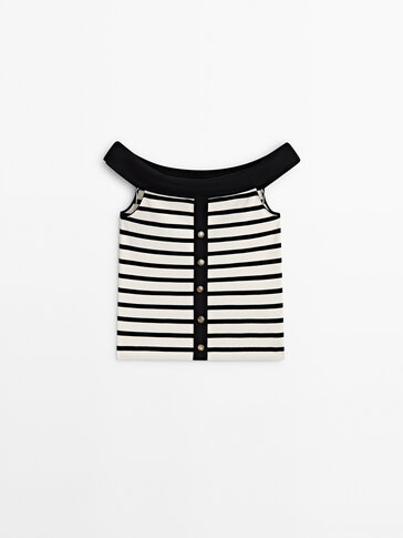 Striped top with buttons and contrast boat neck