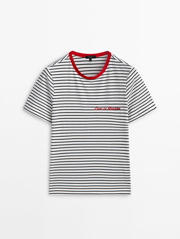 Cotton striped T-shirt with embroidery detail