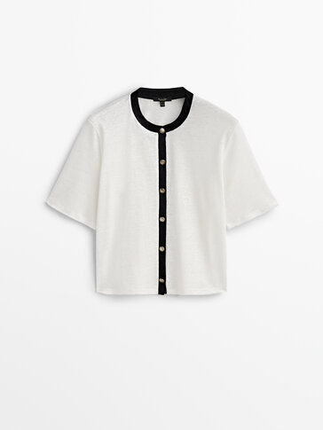 Contrast buttoned linen T-shirt