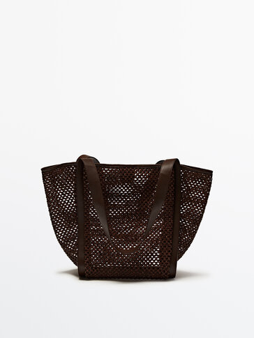 Mesh shopper bag with nappa leather details