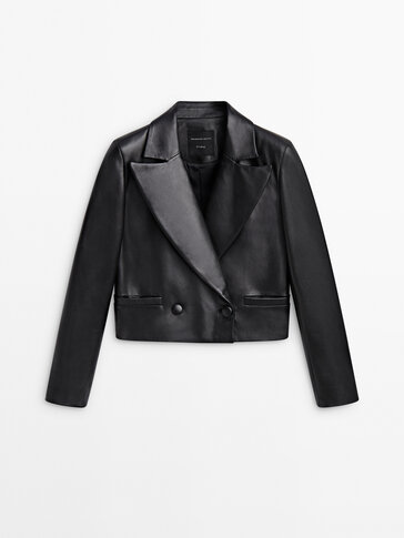 Short leather double-breasted blazer - Studio