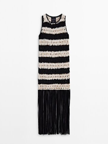 Striped braided knit dress with fringing - Studio - Massimo Dutti