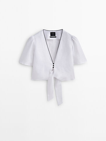 Linen blouse with knot and contrast detail -Studio