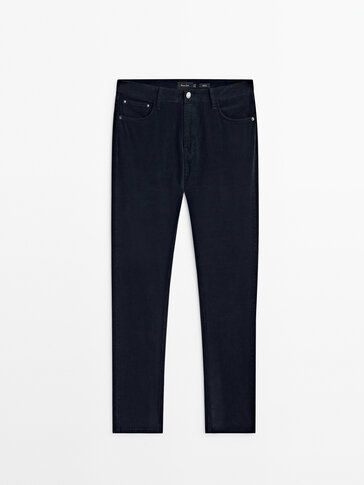 Slim fit diagonal corduroy denim trousers · Navy Blue, Khaki, Mink