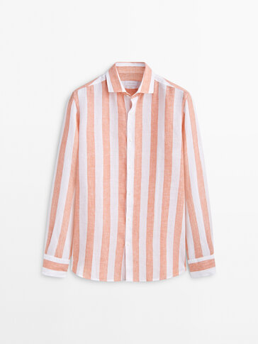 Melange slim fit wide-striped linen shirt