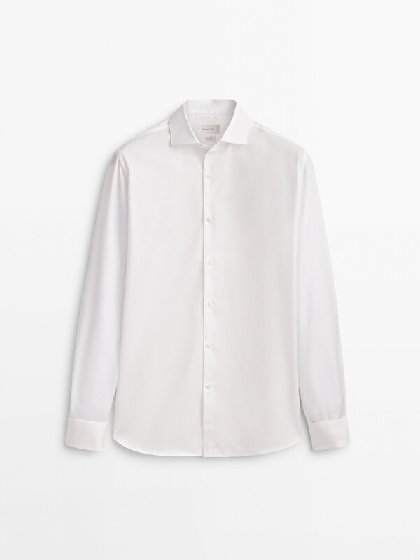 Regular fit herringbone shirt with double cuffs · White, Sky Blue ...