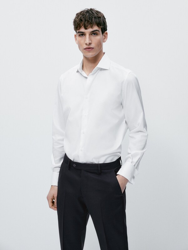 Regular fit herringbone shirt with double cuffs · White, Sky Blue ...
