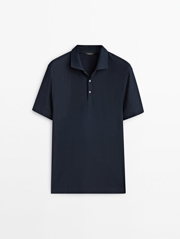 Short sleeve diagonal cotton micro-twill polo shirt · Navy Blue