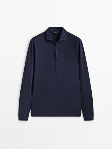 Long sleeve microtextured cotton polo shirt · Blue, Cream, Moss