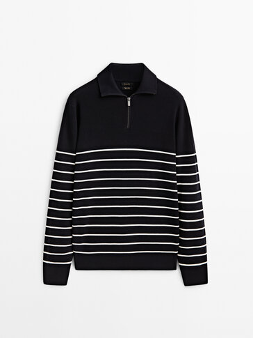 Striped mock neck sweater with zip
