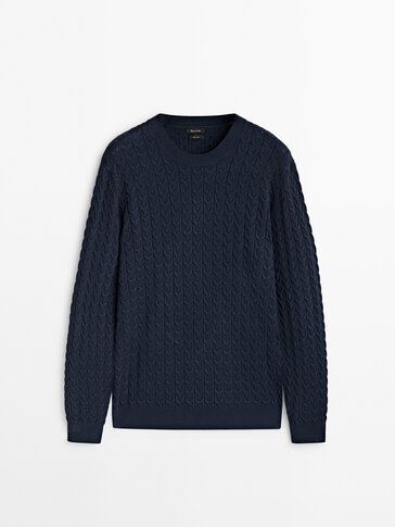 Cable knit sweater with a crew neck · Faded Navy, Marine Green