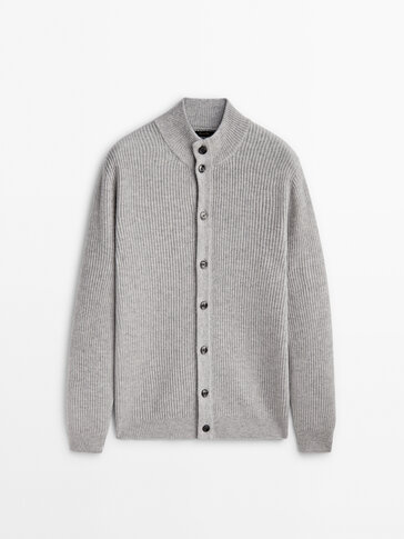 Button-up mock turtleneck knit cardigan