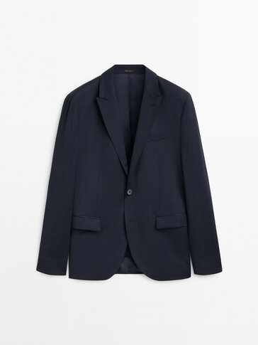 Blue windowpane check wool suit blazer