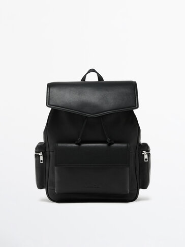 Black leather backpack with flap and pocket details Black