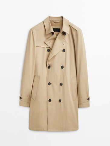 Water-repellent double-breasted trench jacket · Navy Blue, Beige