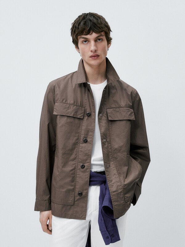 Overshirt in technical fabric with pockets · Brown · Coats And Jackets ...