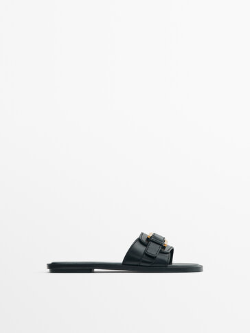 FLAT LEATHER SANDALS Black Flat Sandals Massimo Dutti