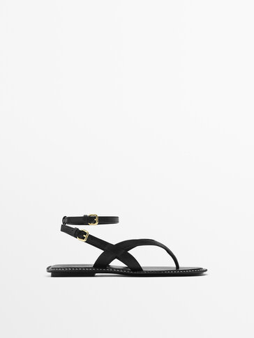 Leather sandals with stitched insoles Black Flat Sandals
