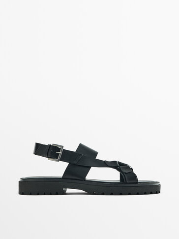 Black leather strap sandals hot sale