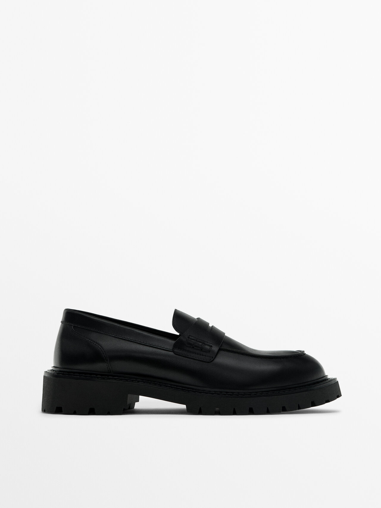 Massimo Dutti Black Leather Track Sole Loafers