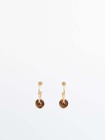 Gold-plated textured hoop earrings with brown stone