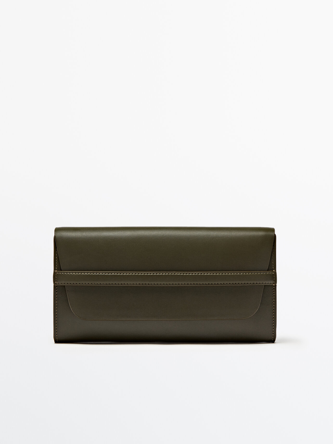Massimo Dutti Nappa Leather Wallet With Strap In Khaki