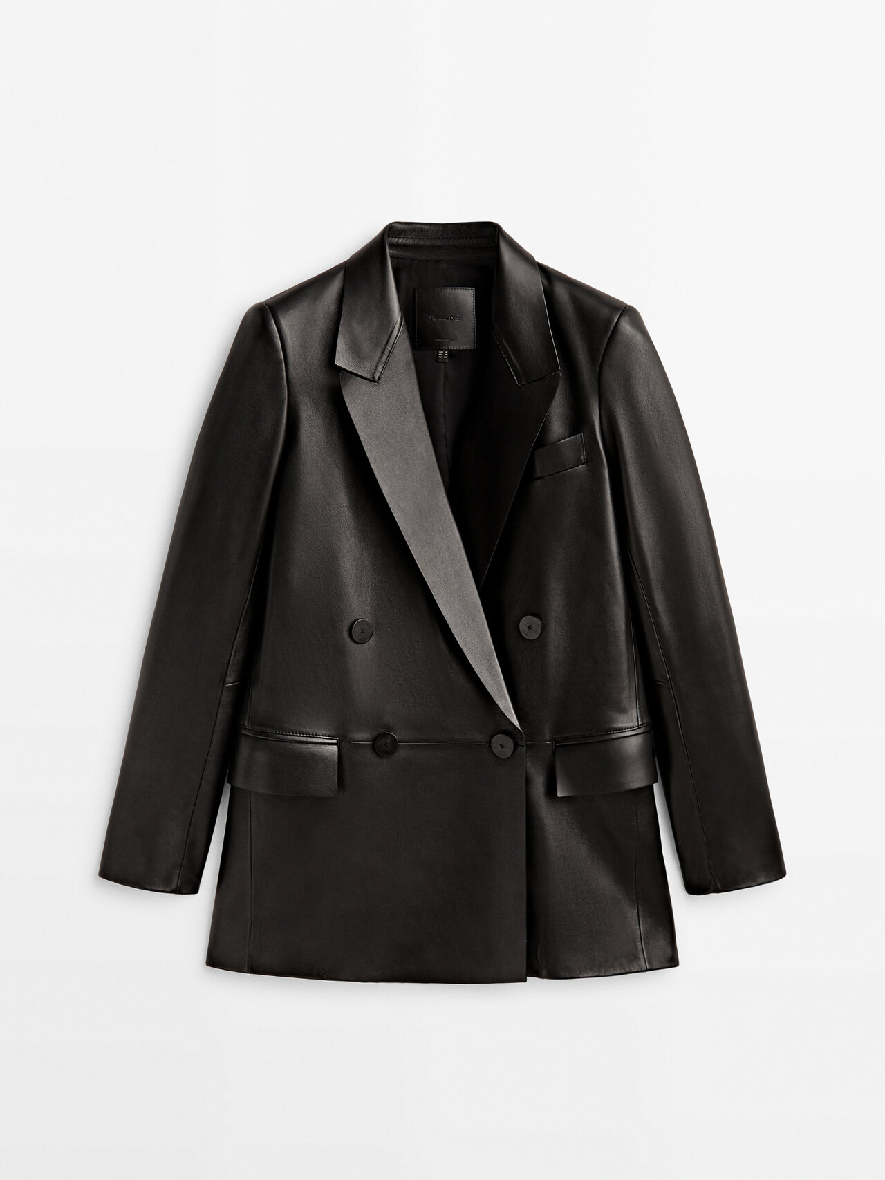 Massimo Dutti Double-breasted Nappa Leather Blazer In Black