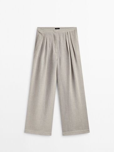 Wide-leg waffle-knit linen blend trousers