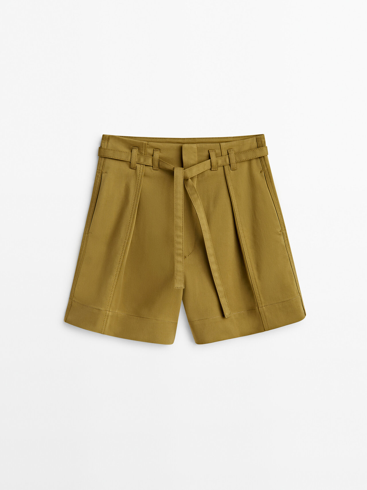 Massimo Dutti Pleated Bermuda Shorts With Belt In Khaki