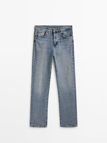 Jeans elastis potongan lurus model pinggang tinggi