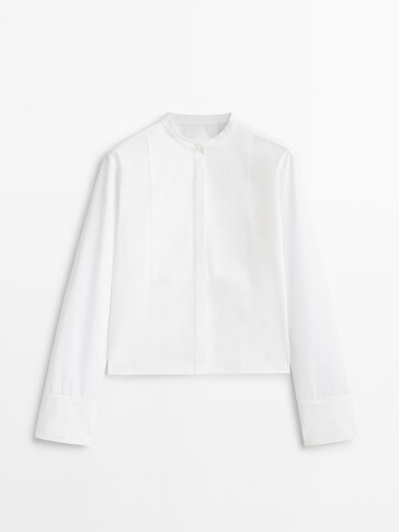 Poplin shirt with stand-up collar and bib detail