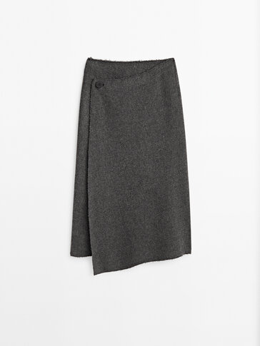 Asymmetric wool blend midi skirt