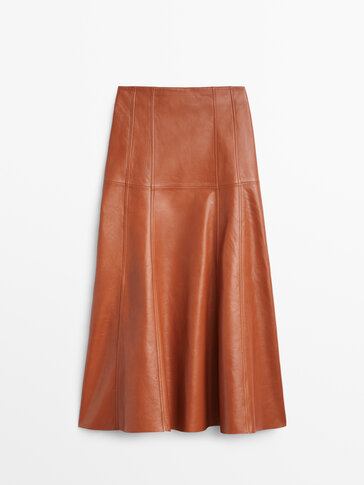 Long nappa leather skirt with seam detail