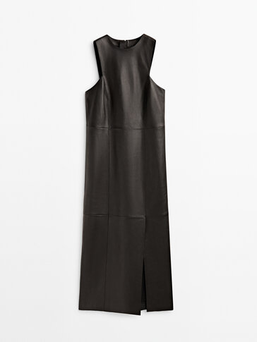 Black nappa leather midi dress
