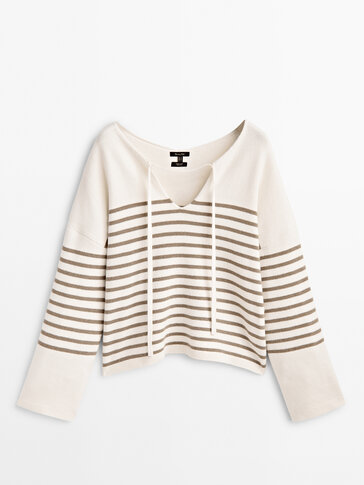 Striped sweater with polo collar and straps