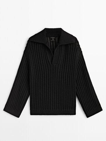 Textured knit polo collar sweater