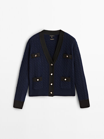 Cable-knit cardigan with contrast golden buttons