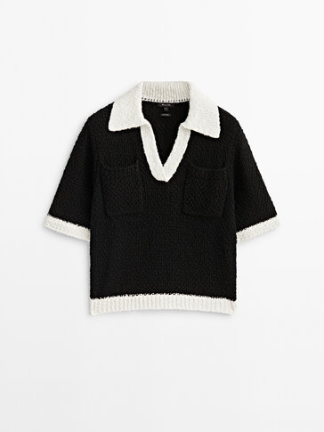 Contrast textured polo sweater