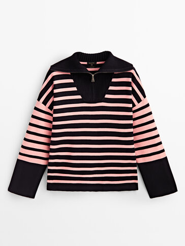 Sweater with contrast stripes and zip collar