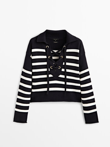 Striped knit sweater with a lace-up neckline