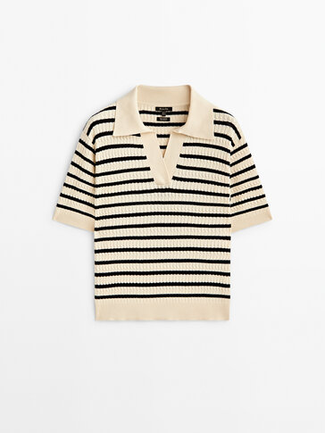 Striped cable-knit polo sweater