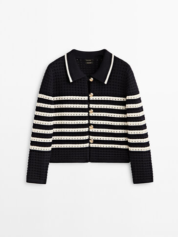 Striped polo collar knit cardigan