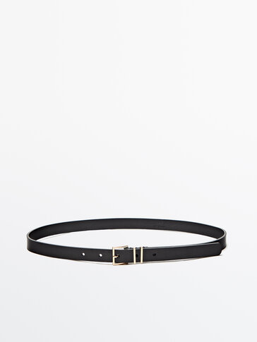Leather belt with square buckle and double loop