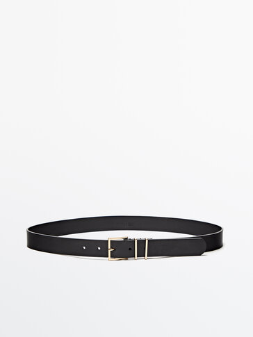 Leather belt with square buckle and double loop