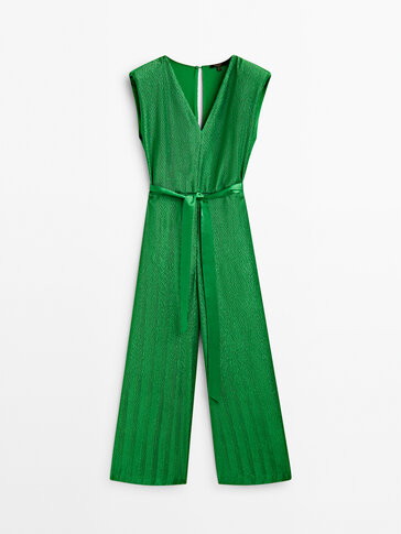 Pleated satin jumpsuit with tie detail