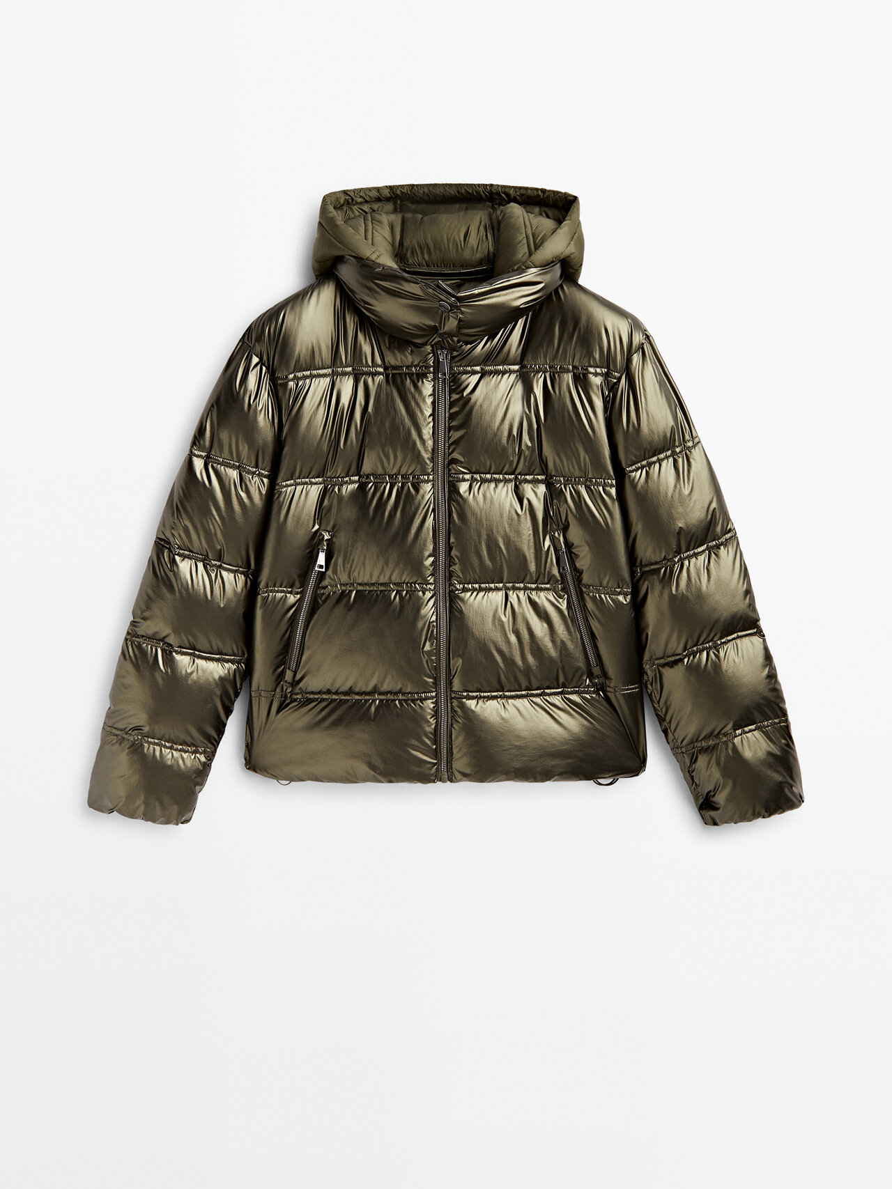 Massimo Dutti Puffer Jacket With Contrast Hood In Green