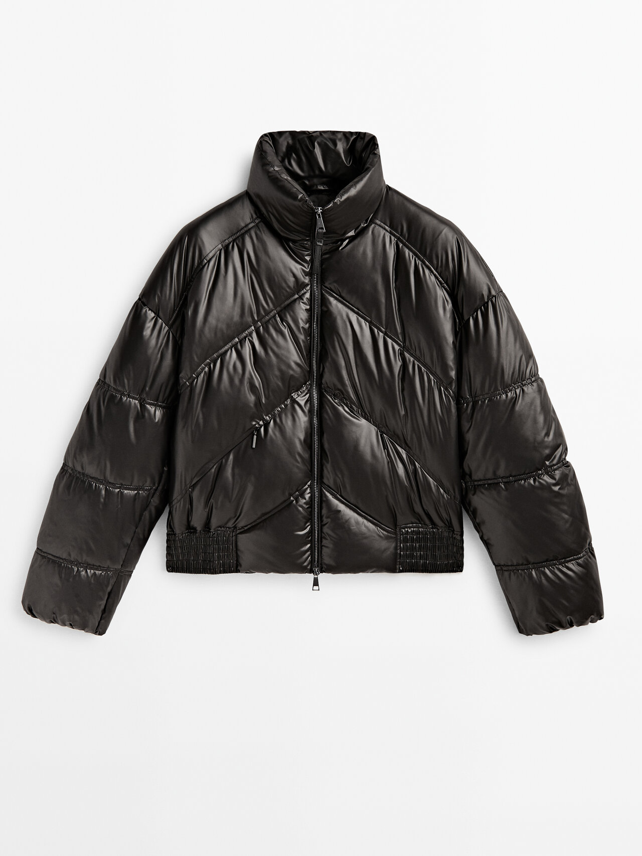 Massimo Dutti Cropped Puffer Jacket With Topstitching In Black