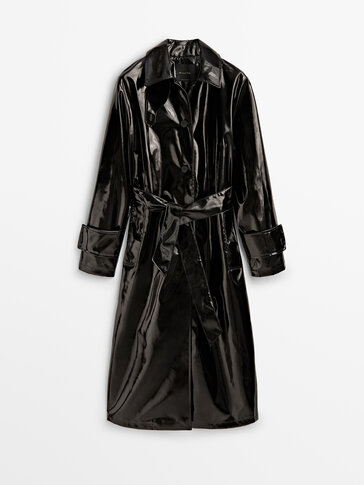 Черная куртка-тренч из лакированной кожи