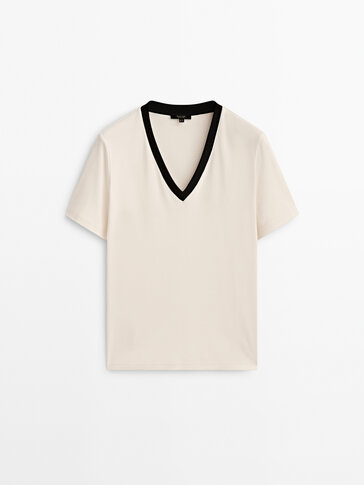 T-shirt en coton col en V contrastant - Massimo Dutti France