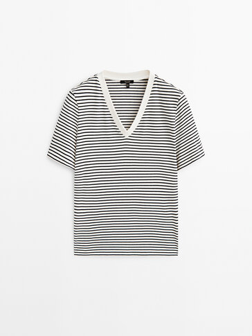 T-shirt rayé à col en V contrastant en coton - Massimo Dutti France